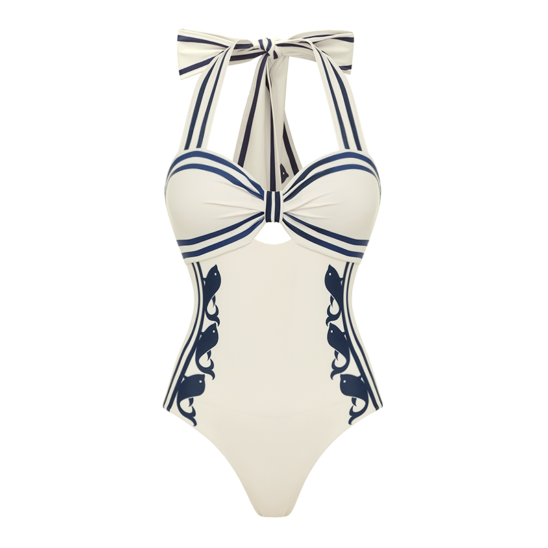 Navy Style Printed Bow Tie Decor One Piece Swimsuit and Skirt
