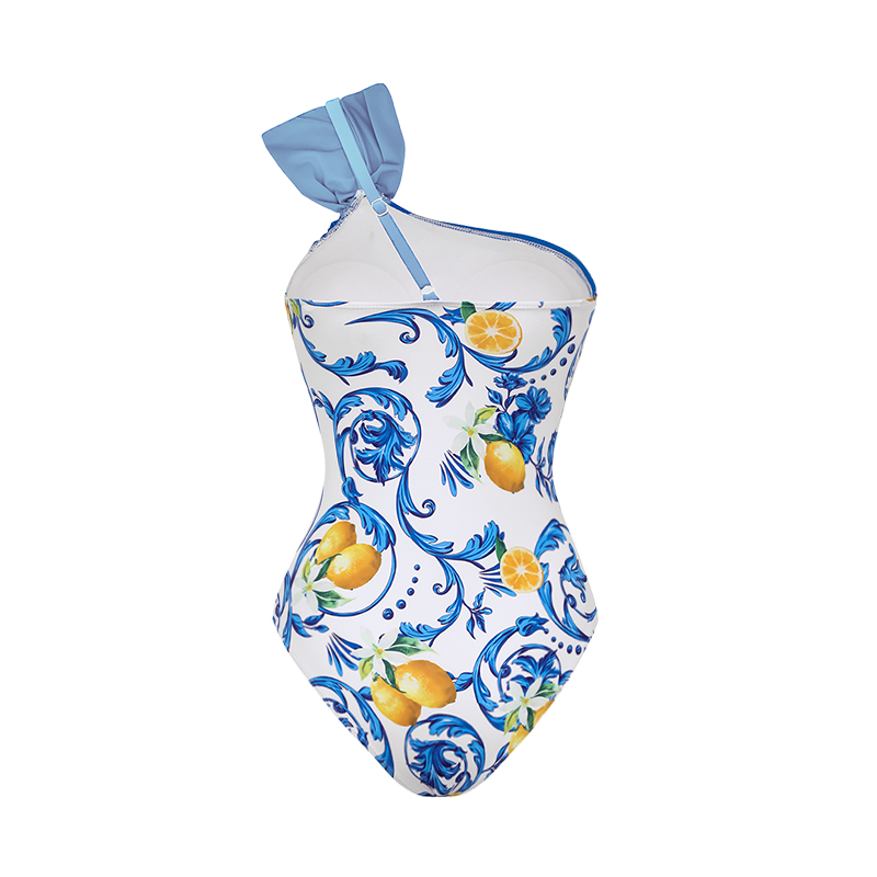 Lemon Print One Shoulder One Piece Swimsuit and Sarong or Skirt Flaxmaker