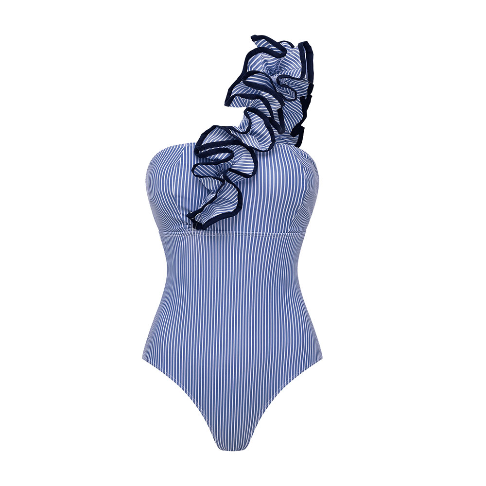 One Shoulder Ruffle Stripe Print One Piece Swimsuit and Skirt