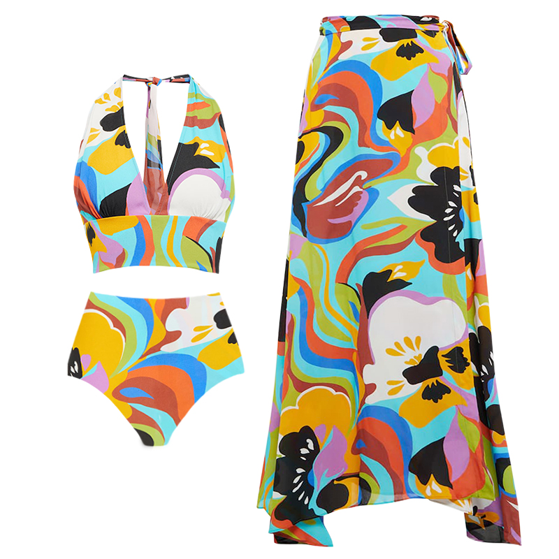 Color Block Halter Bikini Swimsuit and Skirt Flaxmaker