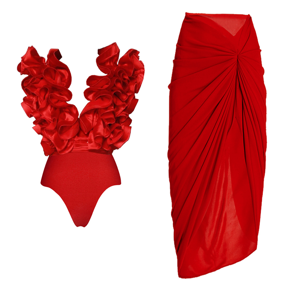 Frilled V Neck Red One Piece Swimsuit and Skirt Flaxmaker