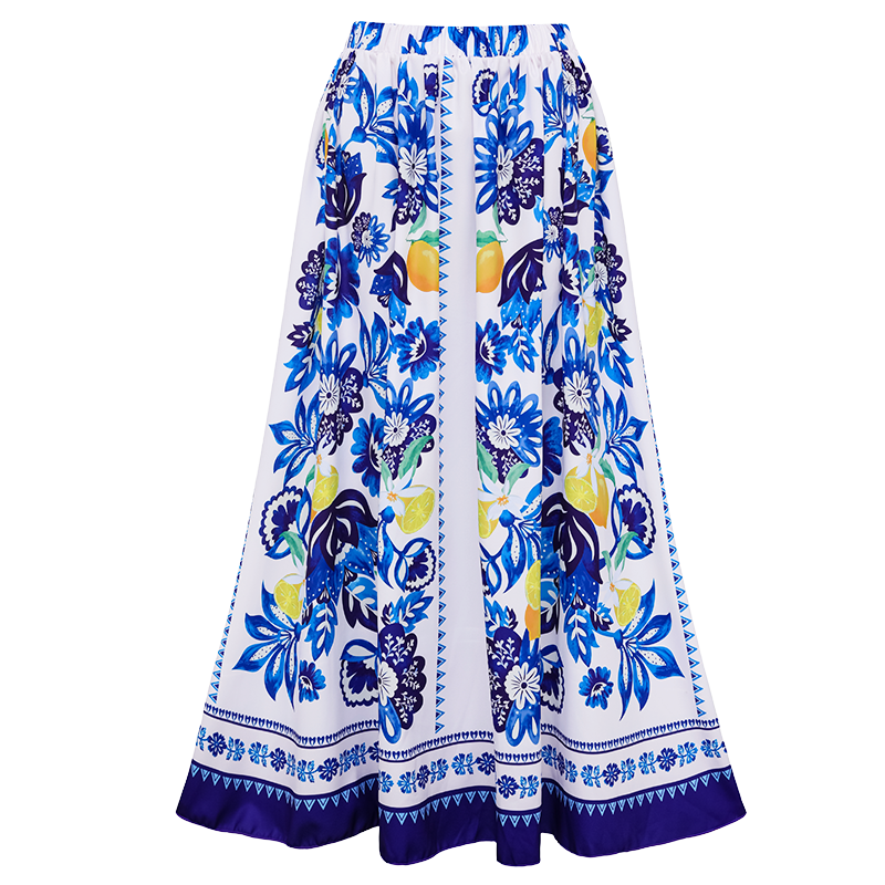 Long-sleeves Lemon and Creative Pattern Print One Piece Swimsuit and Skirt