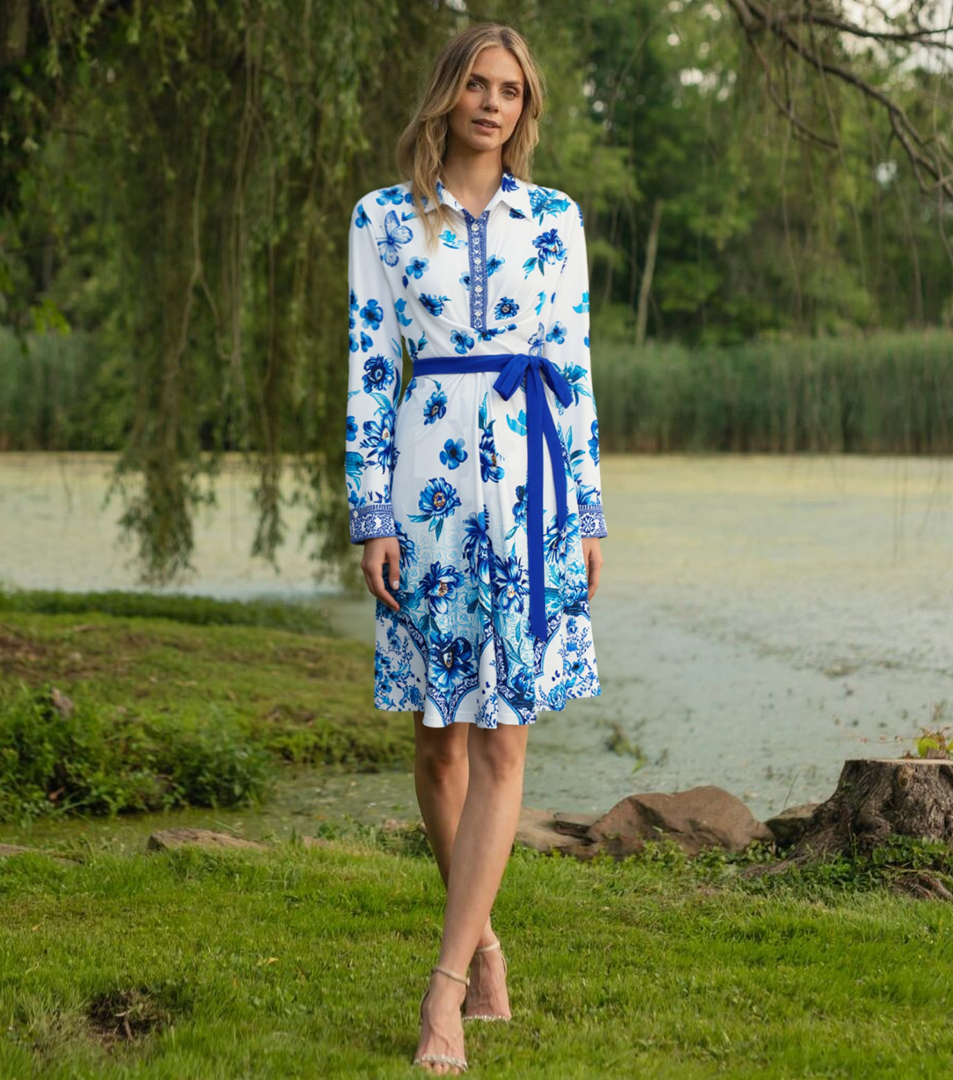 Blue and White Porcelain Wrap Dress