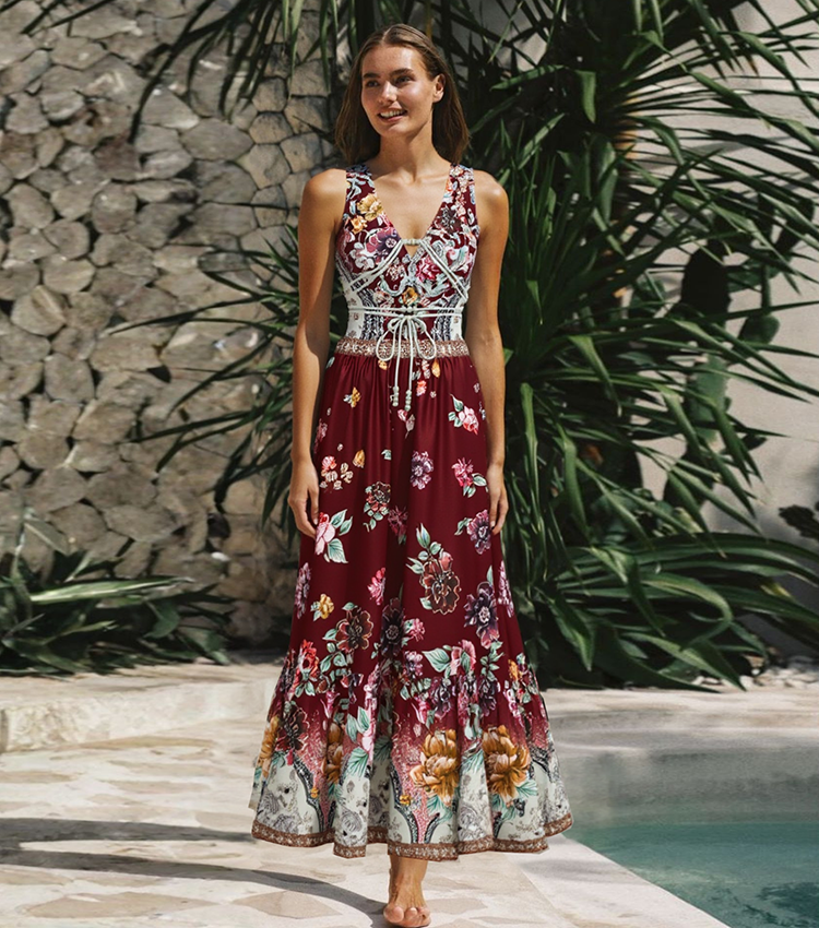 Rope Decoration Peony Print Swimsuit Set(s)