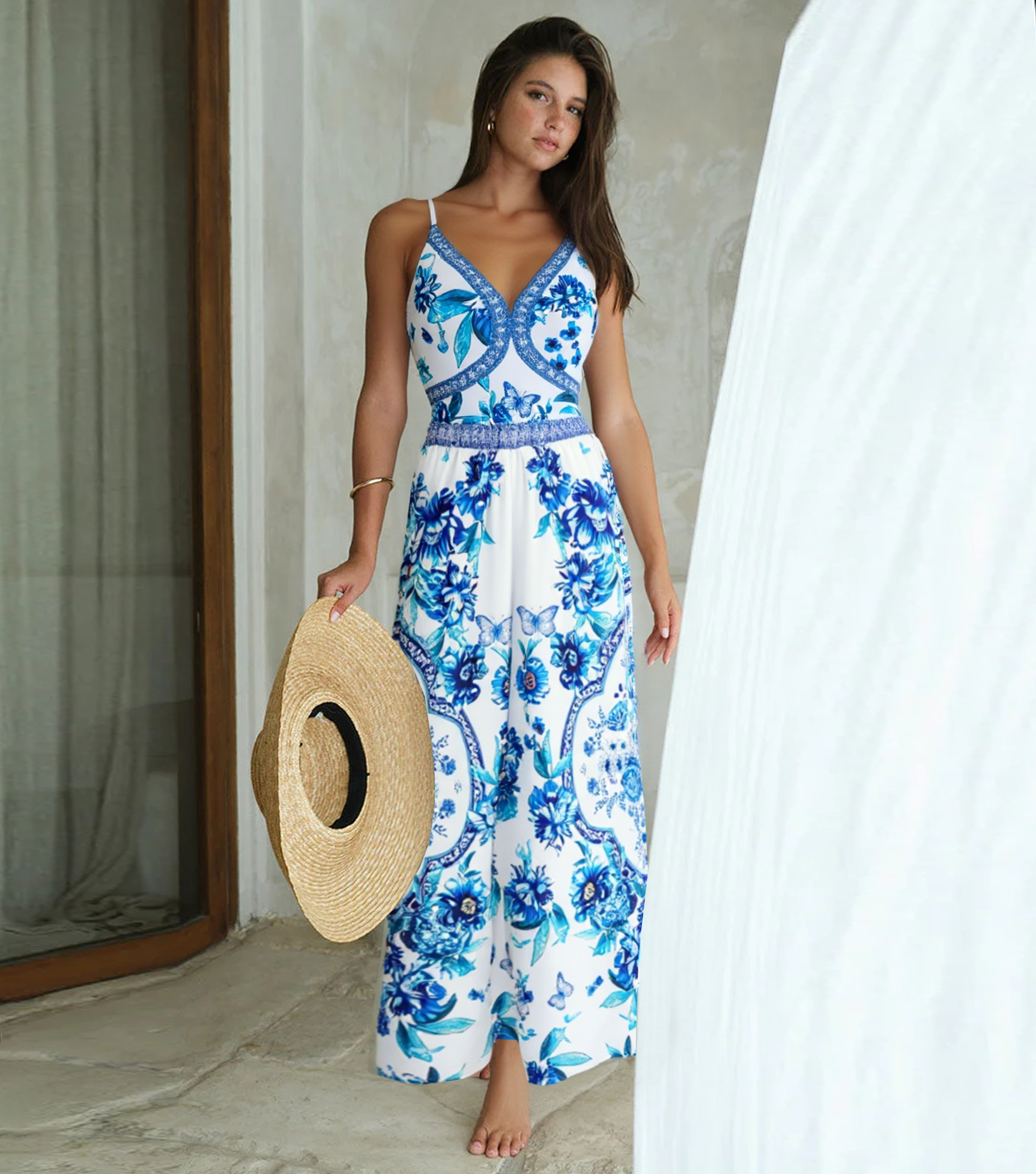 V-neck Peony Print Swimsuit Set(s)