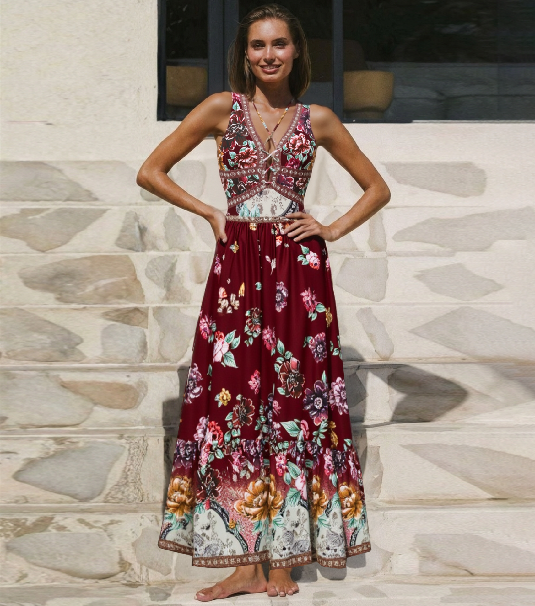 Strap Decoration Peony Print Swimsuit Set(s)