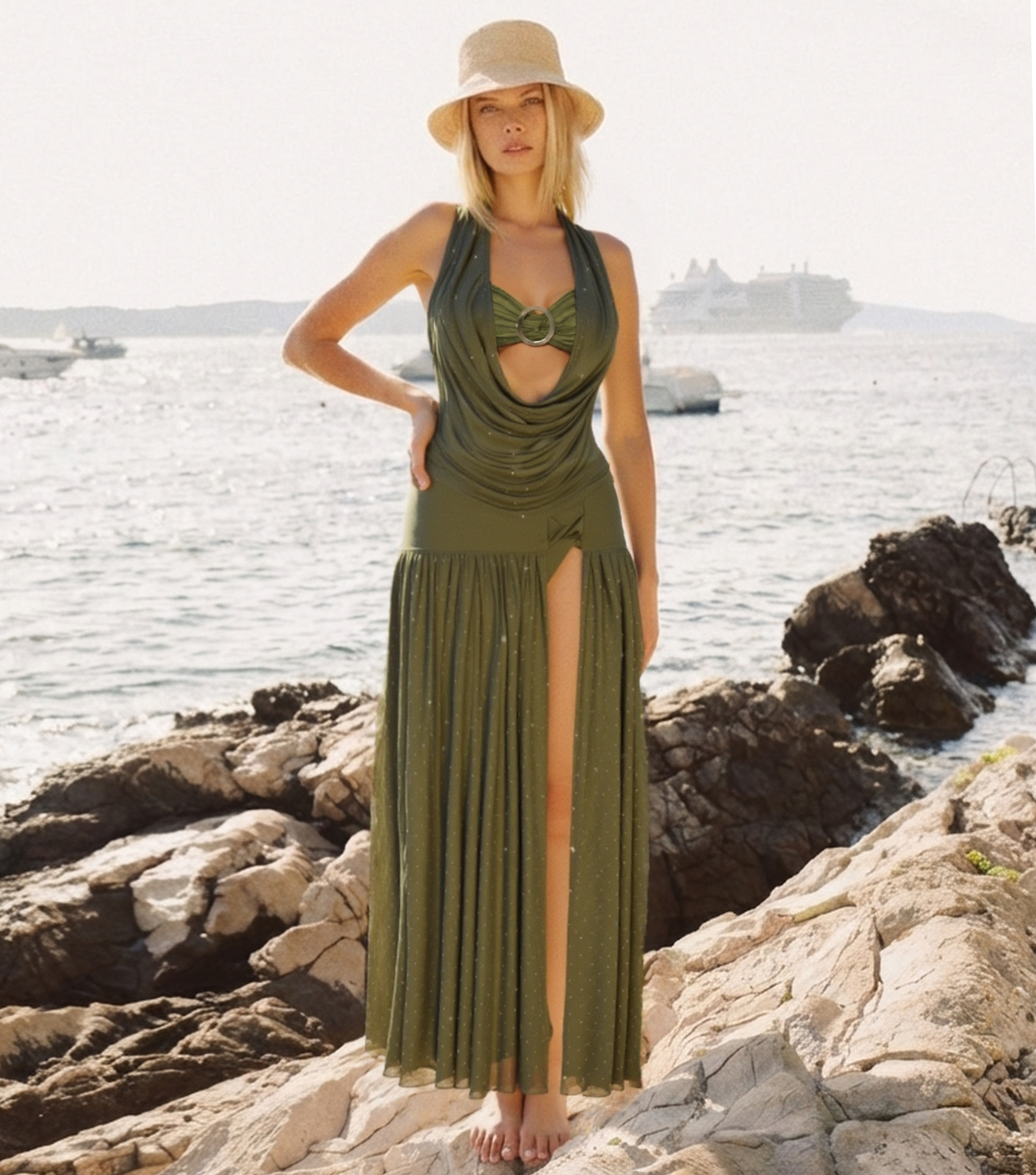 Dark Olive Green Rhinestones Swimsuit Set(s)