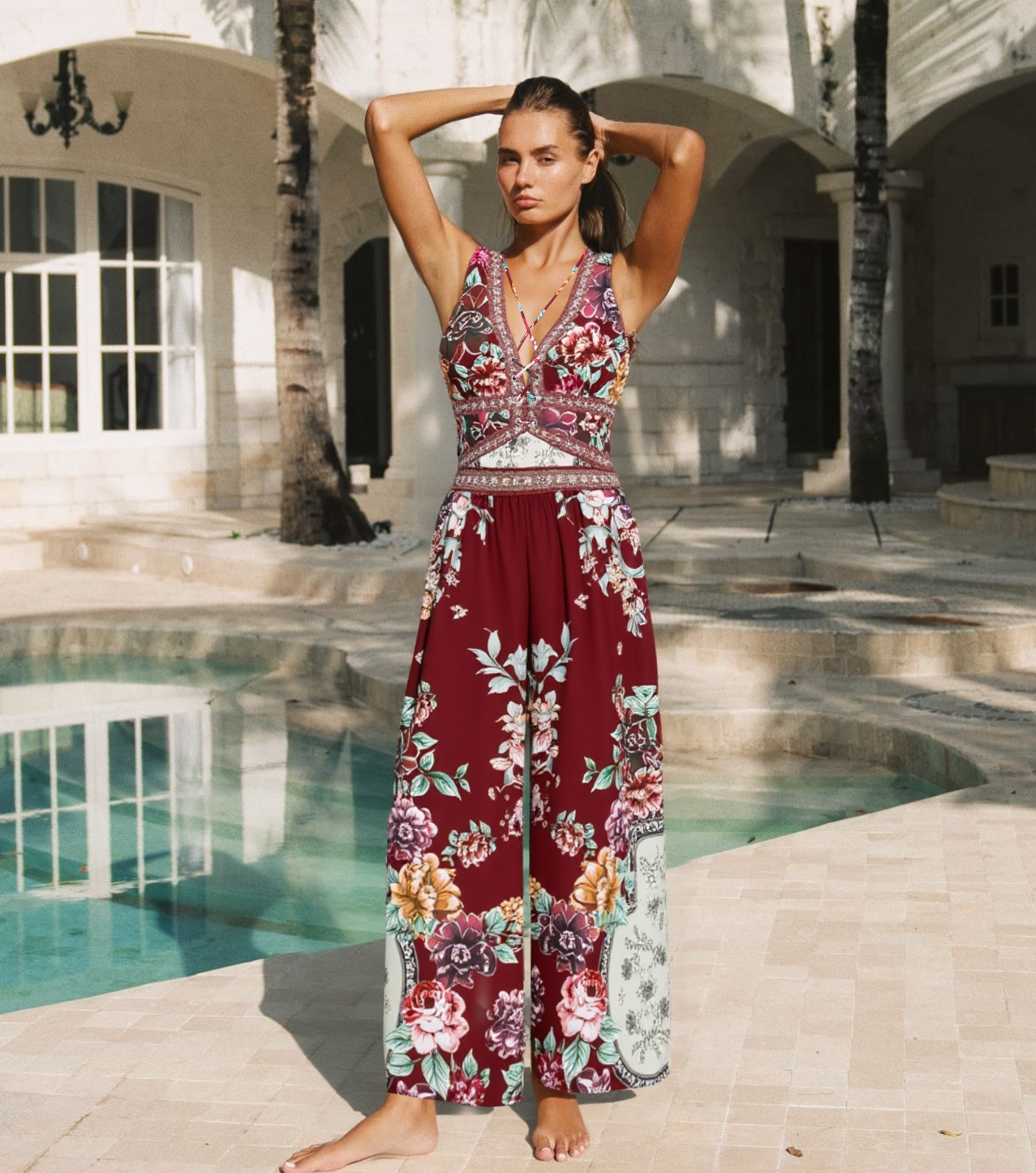 Strap Decoration Peony Print Swimsuit Set(s)