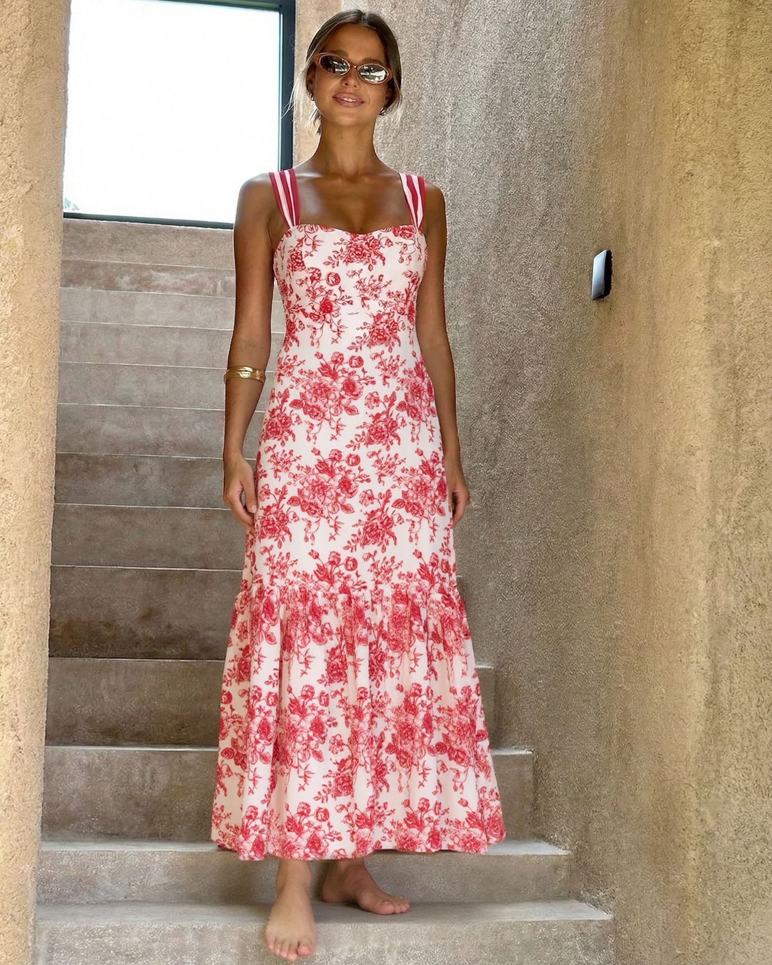 Cross Straps Printed One Piece Swimsuit and Skirt