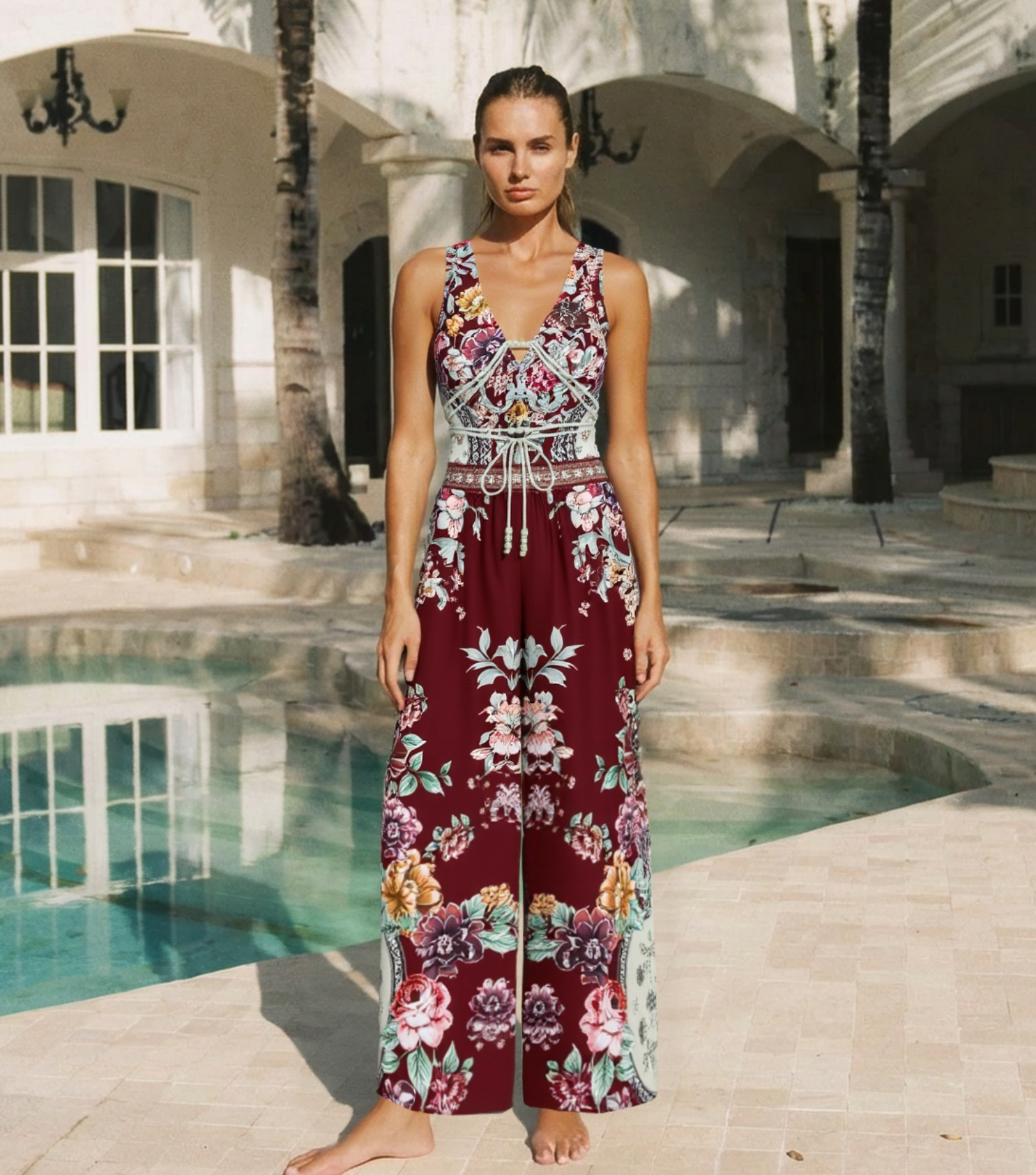 Rope Decoration Peony Print Swimsuit Set(s)