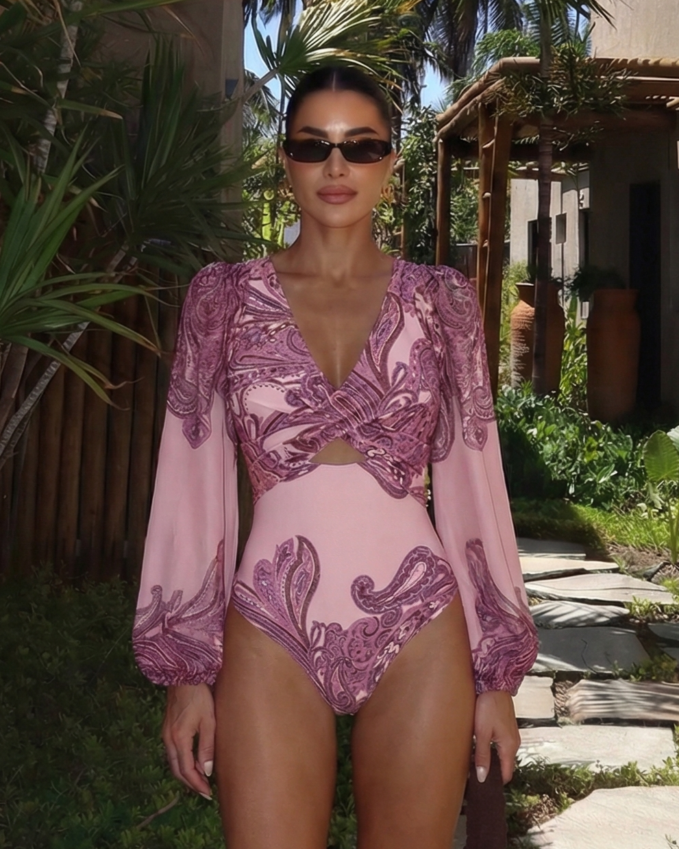 Long Sleeves Cut Out Paisley Print Swimsuit Set(s)