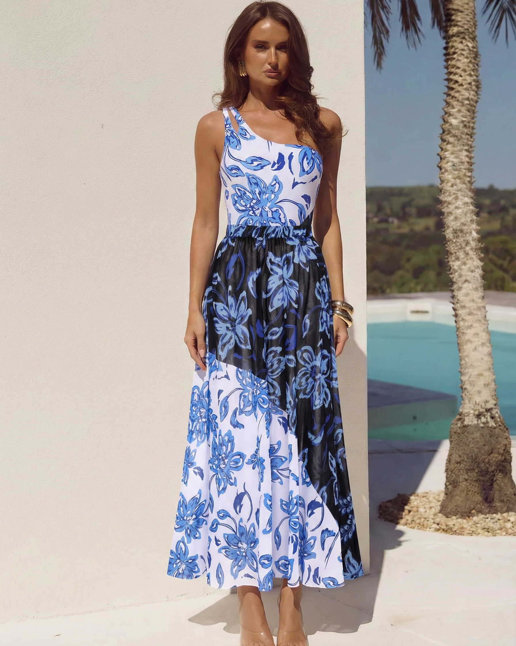 One Shoulder Color Block Printed One Piece Swimsuit and Skirt