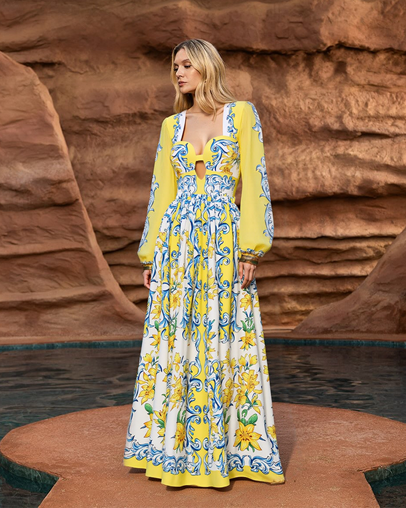 Printed Sicily Long Sleeved One Piece Swimsuit and Skirt