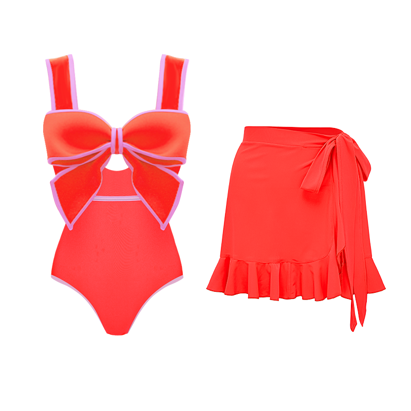 Bow Front Cut Out Color Block One Piece Swimsuit and Skirt Flaxmaker