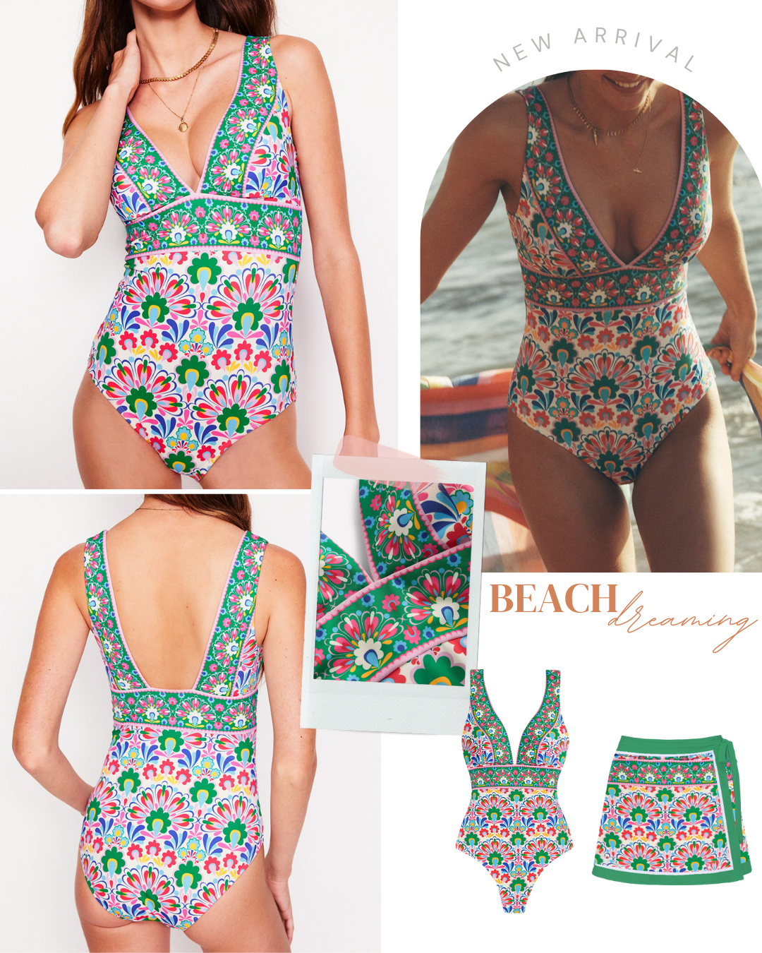 V Neck Printed One Piece Swimsuit and Skirt