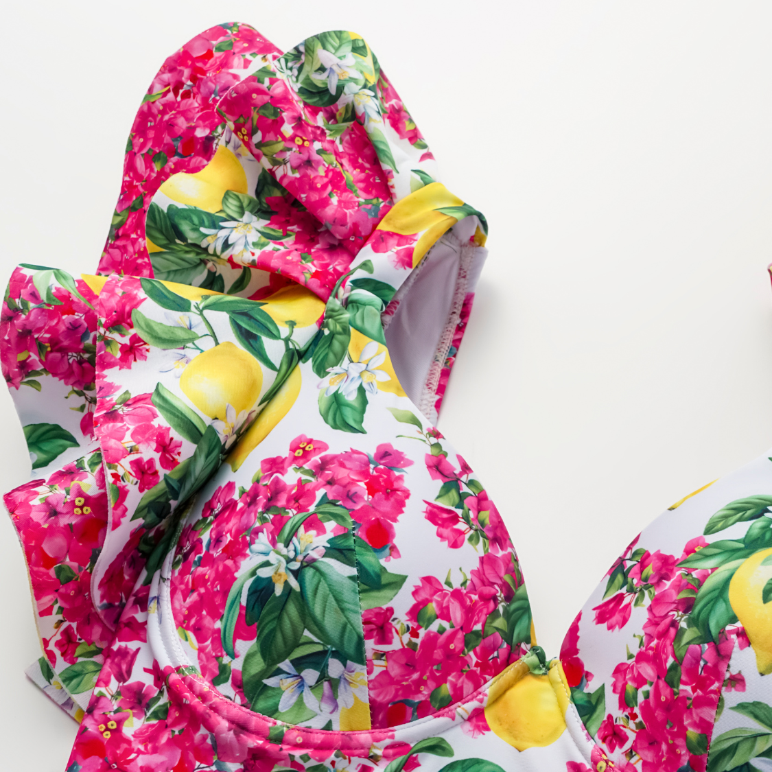 Ruffled Lemon Floral Print One Piece Swimsuit and Tiered Skirt