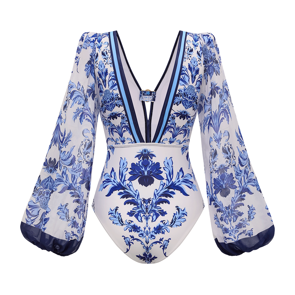 Long Sleeve Flower Color Block Print One Piece Swimsuit and Skirt/Pants