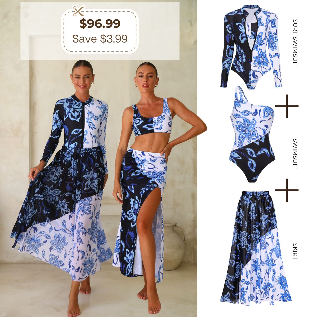 One Shoulder Color Block Printed One Piece Swimsuit and Skirt