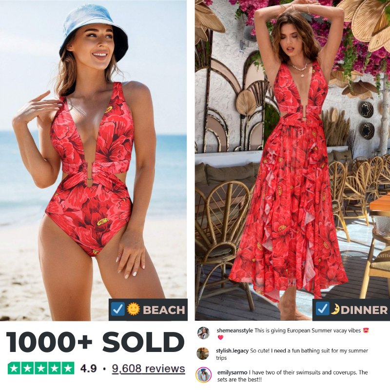 Blooming Red Flower Print Cut Out One Piece Swimsuit and Skirt