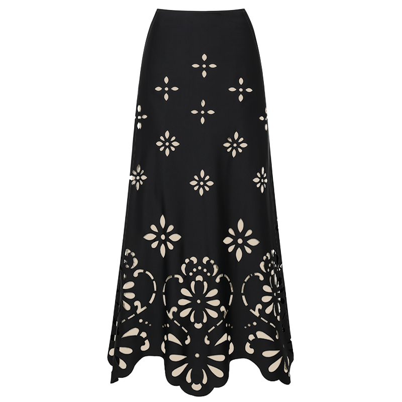 Black V Neck Laser Cutting Flower Hollow One Piece Swimsuit and Skirt