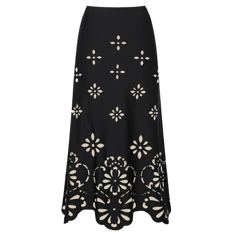 Black V Neck Laser Cutting Flower Hollow One Piece Swimsuit and Skirt
