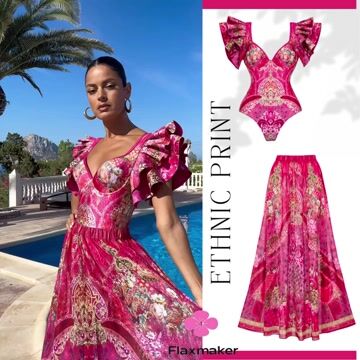 Ruffled Rose Red Blooming Flower Print One Piece Swimsuit and Skirt