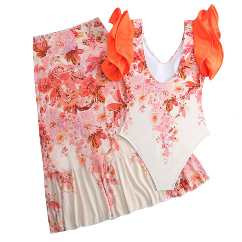 V Neck Ruffle Printed One Piece Swimsuit and Sarong