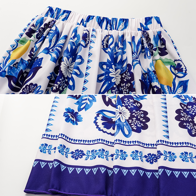 Long-sleeves Lemon and Creative Pattern Print One Piece Swimsuit and Skirt