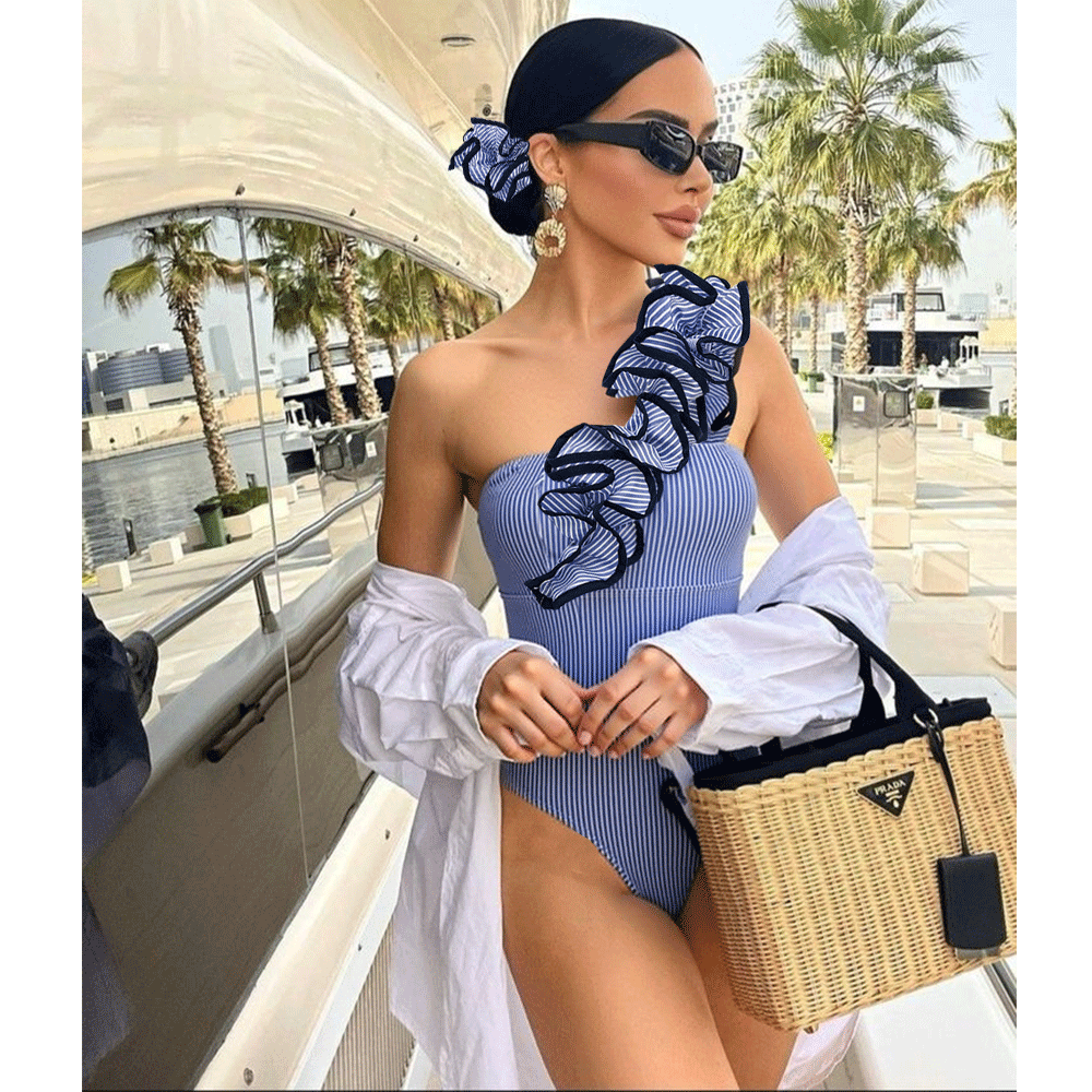 One Shoulder Ruffle Stripe Print One Piece Swimsuit and Skirt