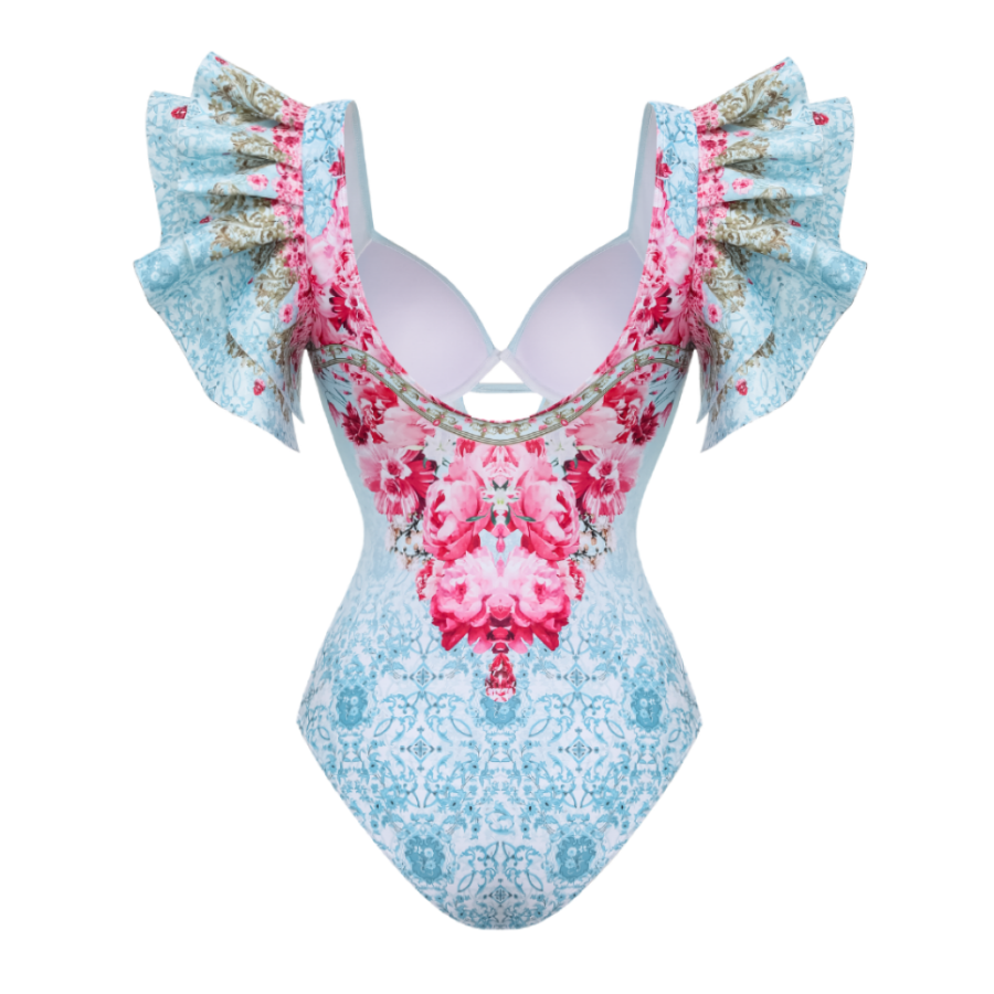 Ruffled Blue Blooming Flowers Print One Piece Swimsuit and Skirt