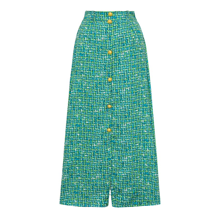 Tweed Print Metal Buckle One Piece Swimsuit and Skirt