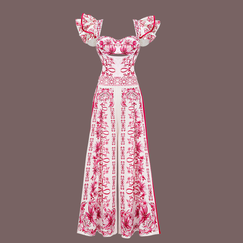 Ruffle Cut Out Lily and Majolica Series Pattern Print One Piece Swimsuit and Skirt or Pants