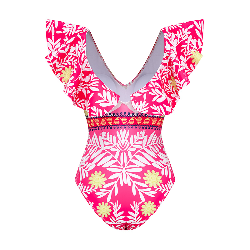 V Neck Ruffle Printed One Piece Swimsuit and Skirt