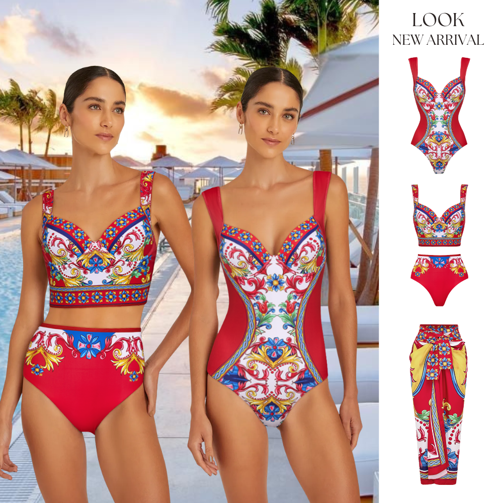 Sling Pattern Print Bikini Swimsuit and Skirt