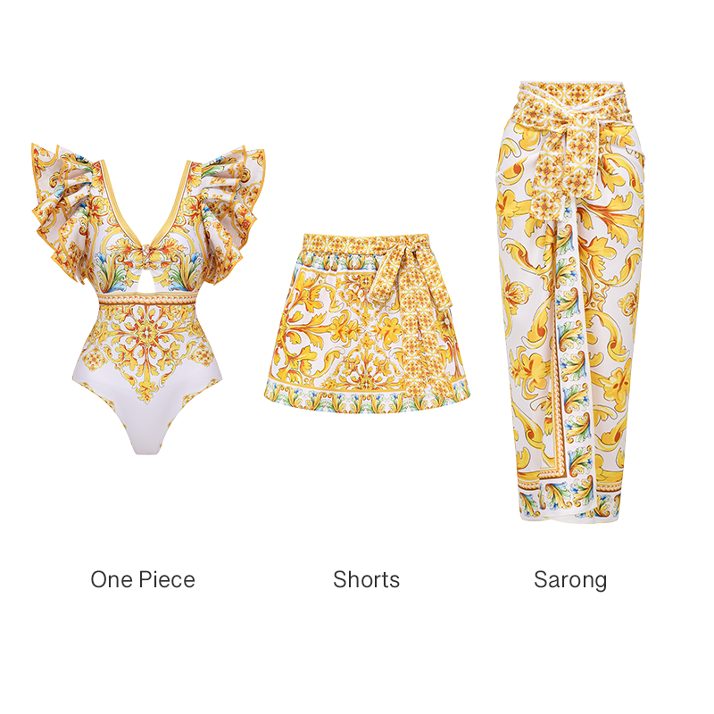 Ruffle V Neck  Golden Majolica Print One Piece Swimsuit and Scooter skirt