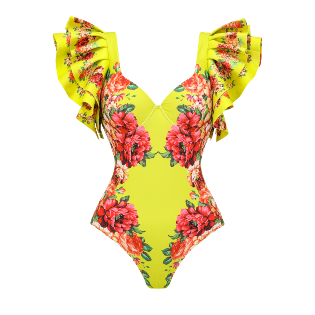 Ruffled Blooming Flower Print One Piece Swimsuit and Skirt Flaxmaker