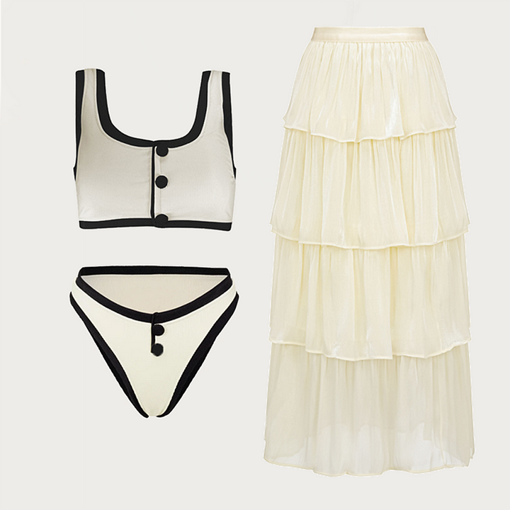 Button Detail Black and White High Waist Bikini Swimsuit Flaxmaker