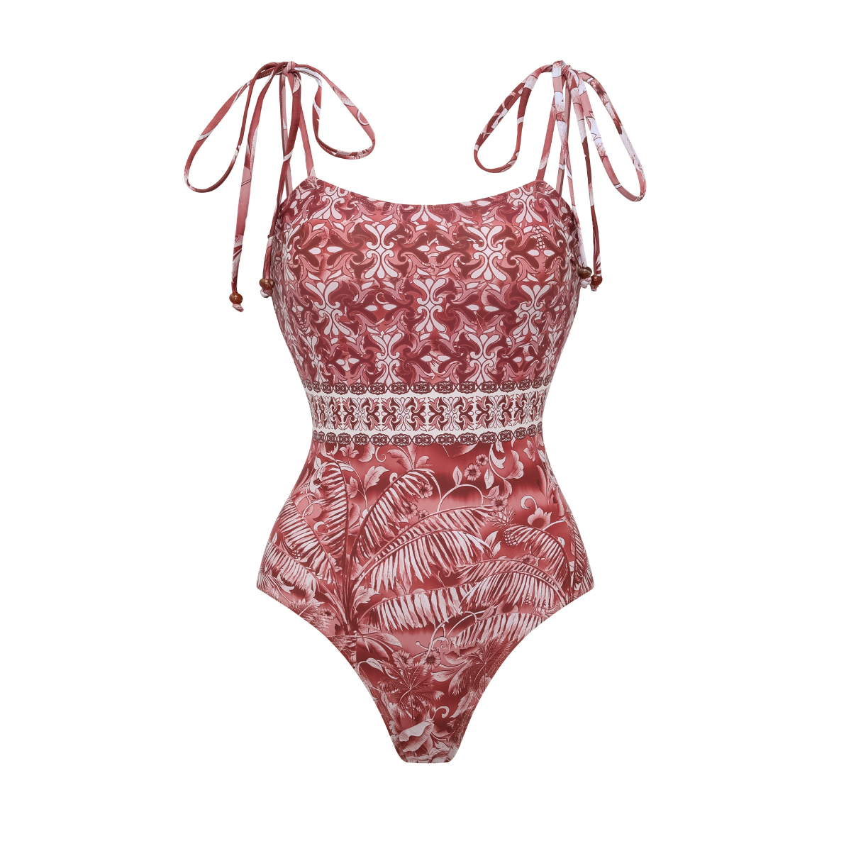 Tie-up b rown Retro Forest Print One Piece Swimsuit and Skirt