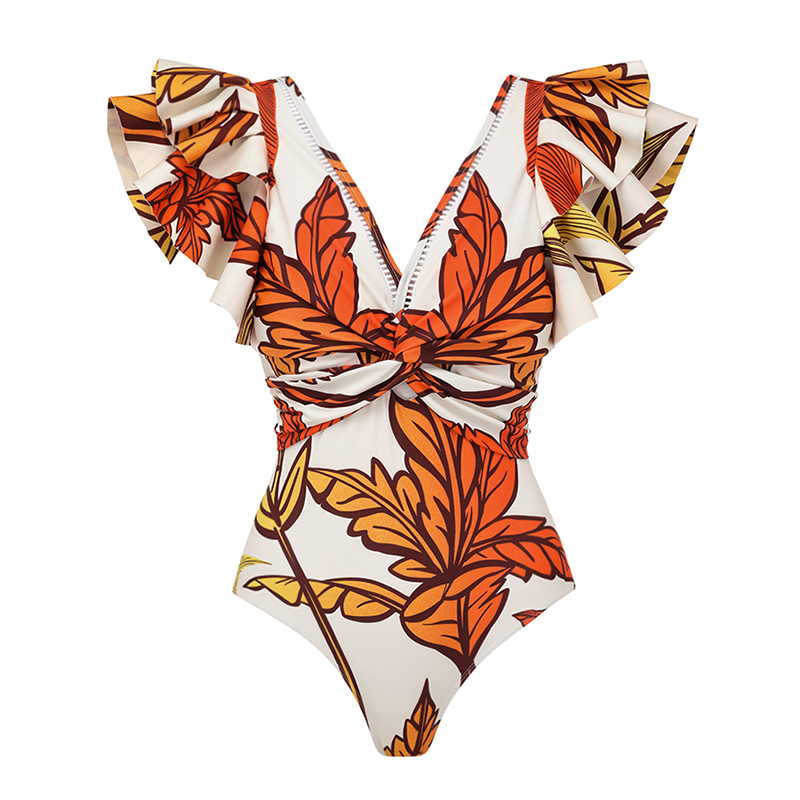 V Neck Ruffle Shoulder Tropical Plant Pattern Printed  One Piece Swimsuit and Sarong Flaxmaker