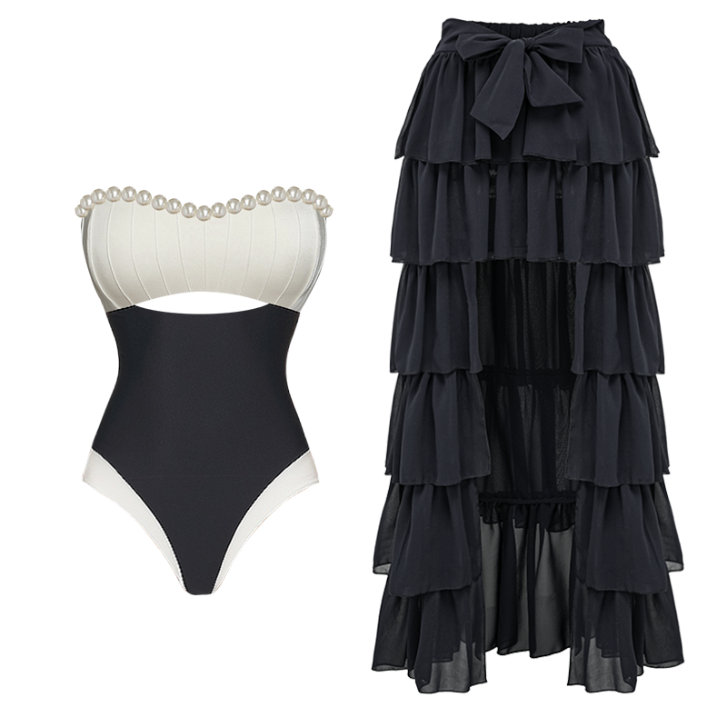 Off Shoulder Artificial Pearl Decor White One Piece Swimsuit and Skirt