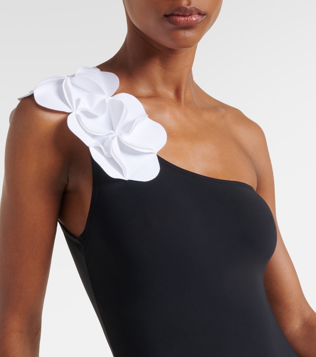 Oblique Shoulder 3D Flower Color Block One Piece Swimsuit And Skirt