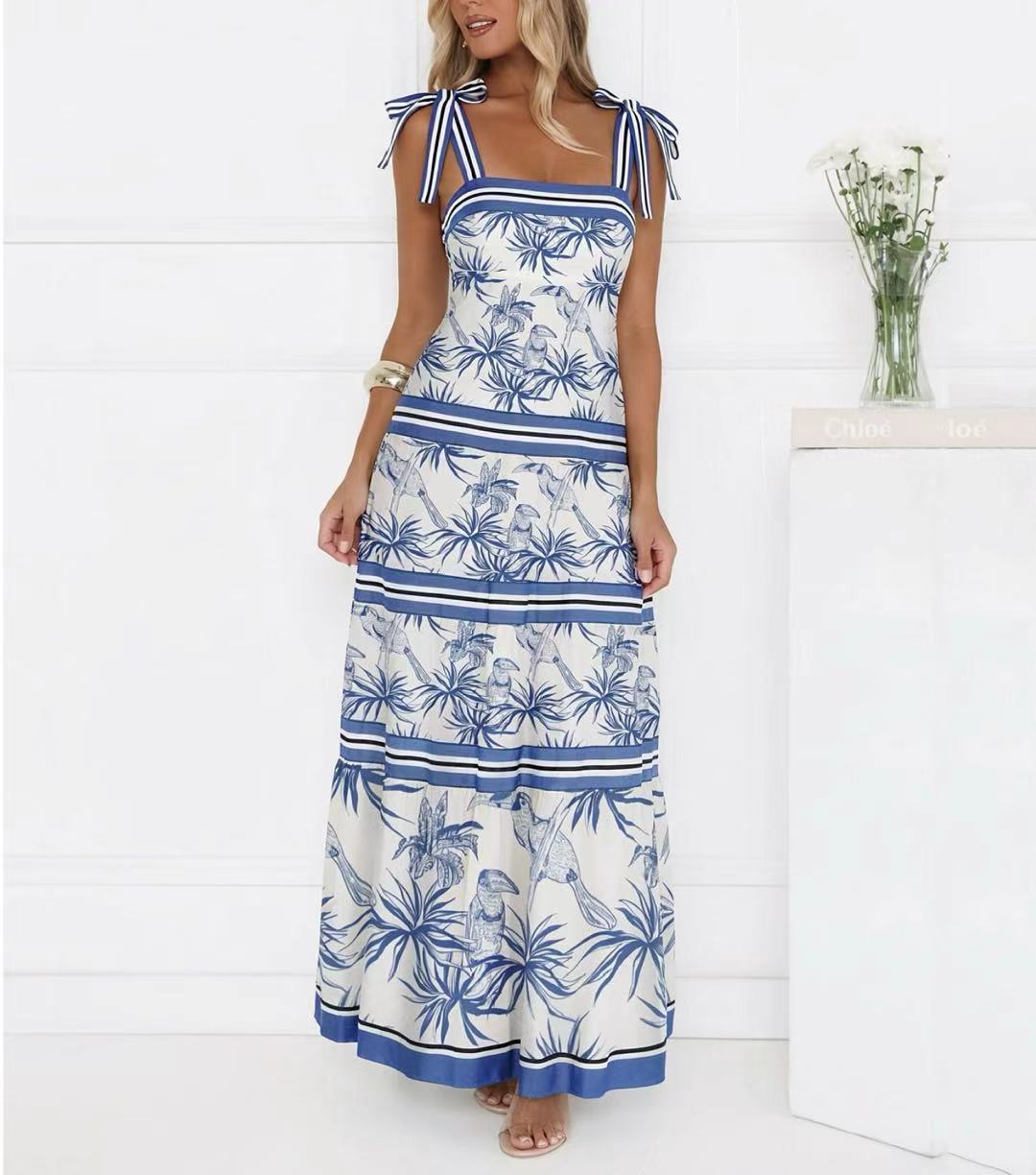 Tropical Print Tiered Maxi Dress