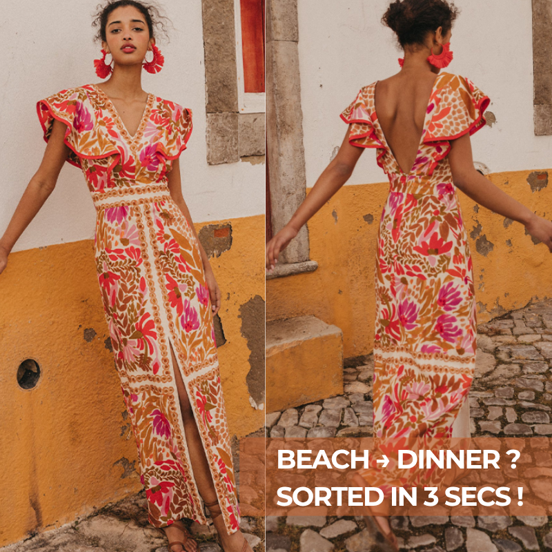 V Neck Retro Printed Backless Dress