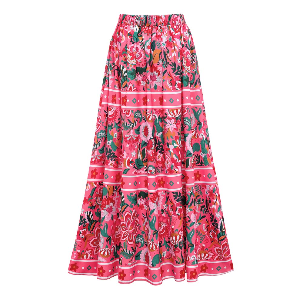 Pink Floral Paradise Print V-neck One Piece Swimsuit and Skirt