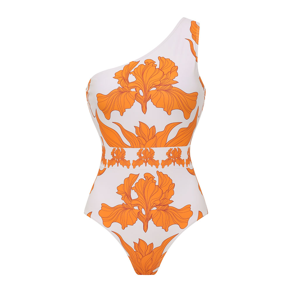 One Shoulder Iris Print One Piece Swimsuit and Pants