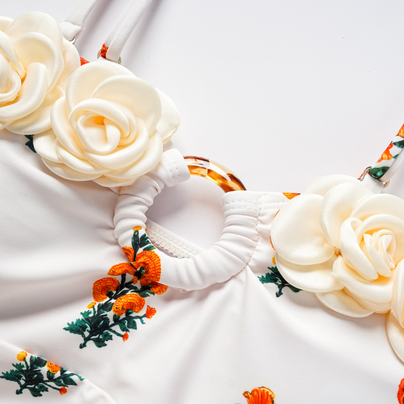 Flaxmaker Flower decor Printed One Piece Swimsuit and Sarong