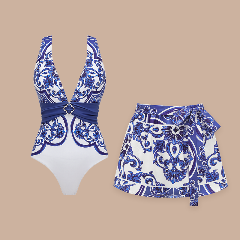 V Neck Classic Majolica Series Pattern Print One Piece Swimsuit and Pants or Shorts