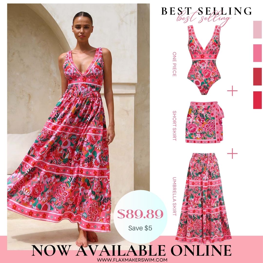 Pink Floral Paradise Print V-neck One Piece Swimsuit and Skirt