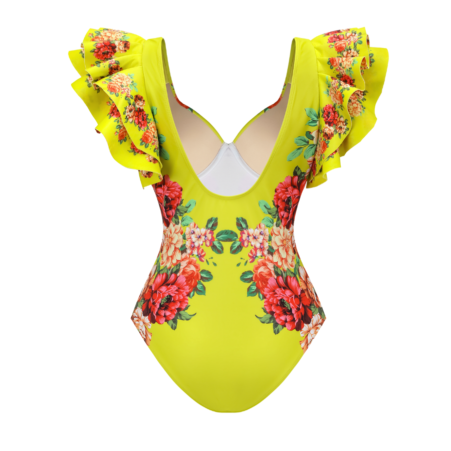 Ruffled Blooming Flower Print One Piece Swimsuit and Skirt Flaxmaker