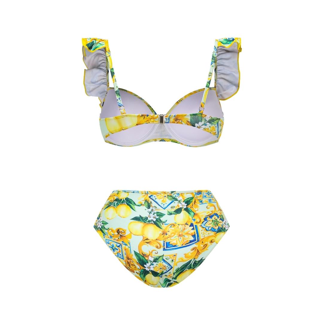 Lemon Print Ruffle Strap Bikini Swimsuit and Mesh Splicing Sarong Flaxmaker